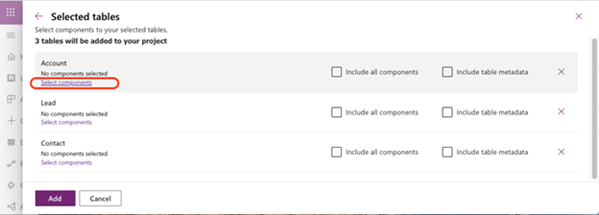 Select components in the account section