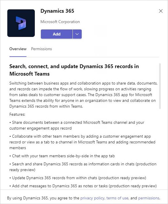 Add Dynamics 365 app in Teams