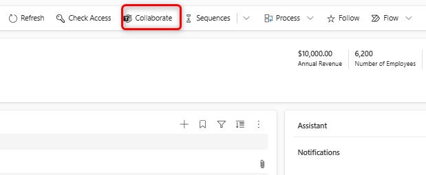 Screenshot of the Collaborate option in Dynamics 365 app.