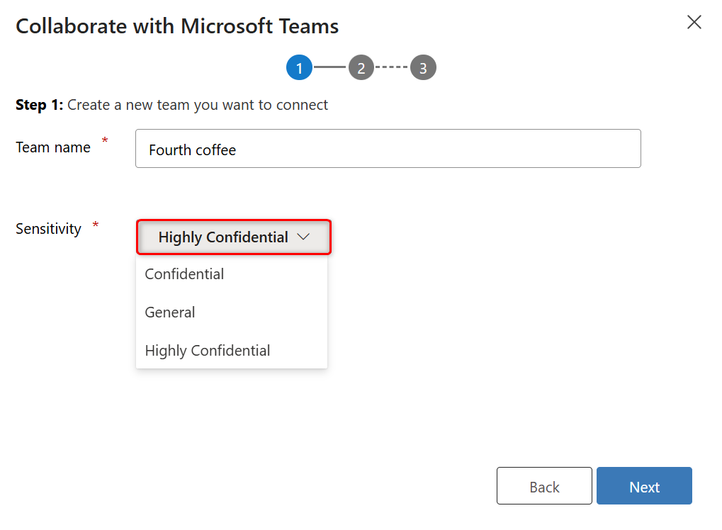 Screenshot showing the sensitivity labels drop-down while creating a team