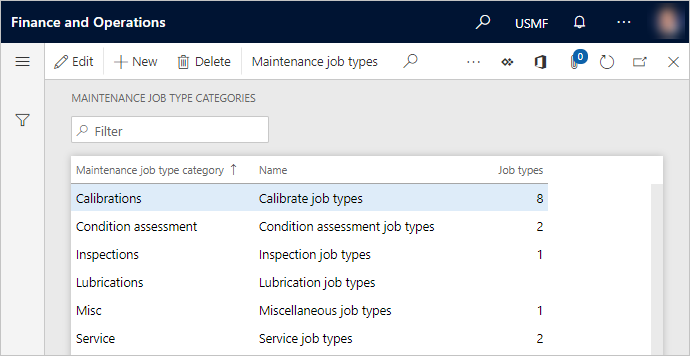 Maintenance job type categories page.