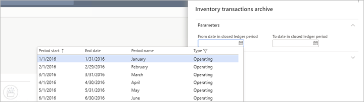 Inventory transactions archive dialog box.