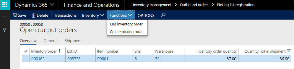 Functions menu on the Open output orders page.
