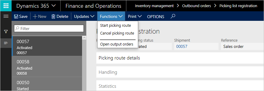 Open output orders command on the Functions menu.