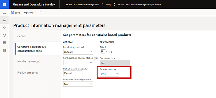 Set the default currency for constraint-based product configuration.