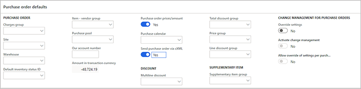 Default settings for vendor purchase orders.