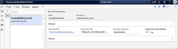 Key Vault parameters page