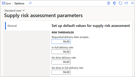General tab of the Supply risk assessment parameters page.