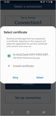 Select certificate prompt on an Android device.