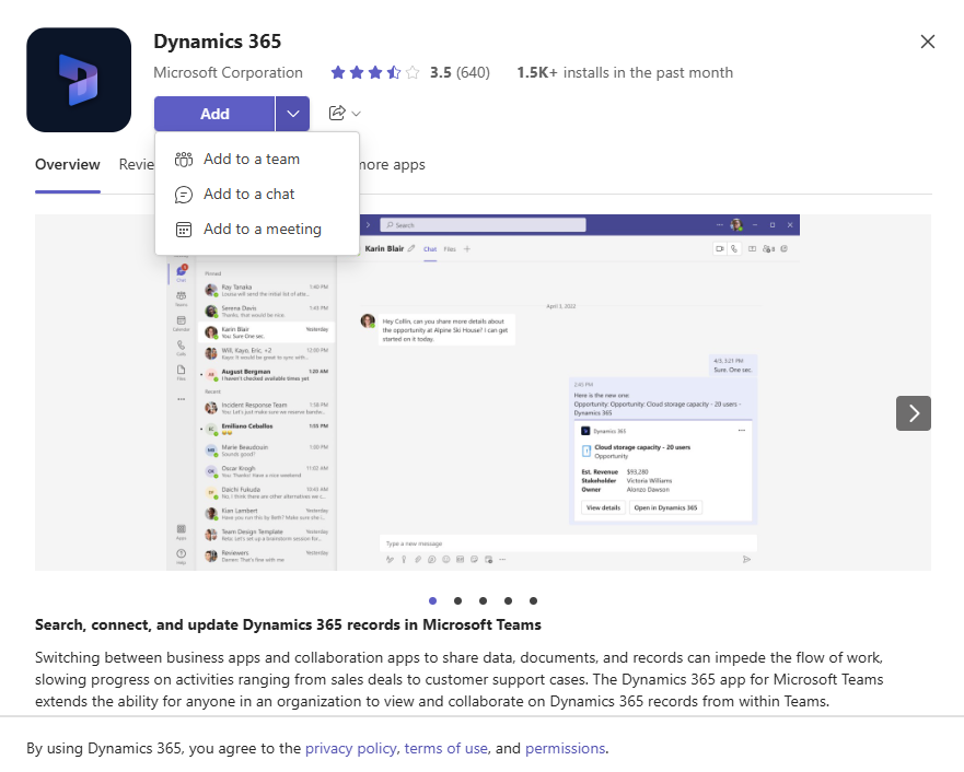 Screenshot showing options to add Dynamics 365 app.