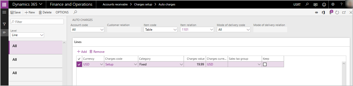 One line-level auto charges table example.