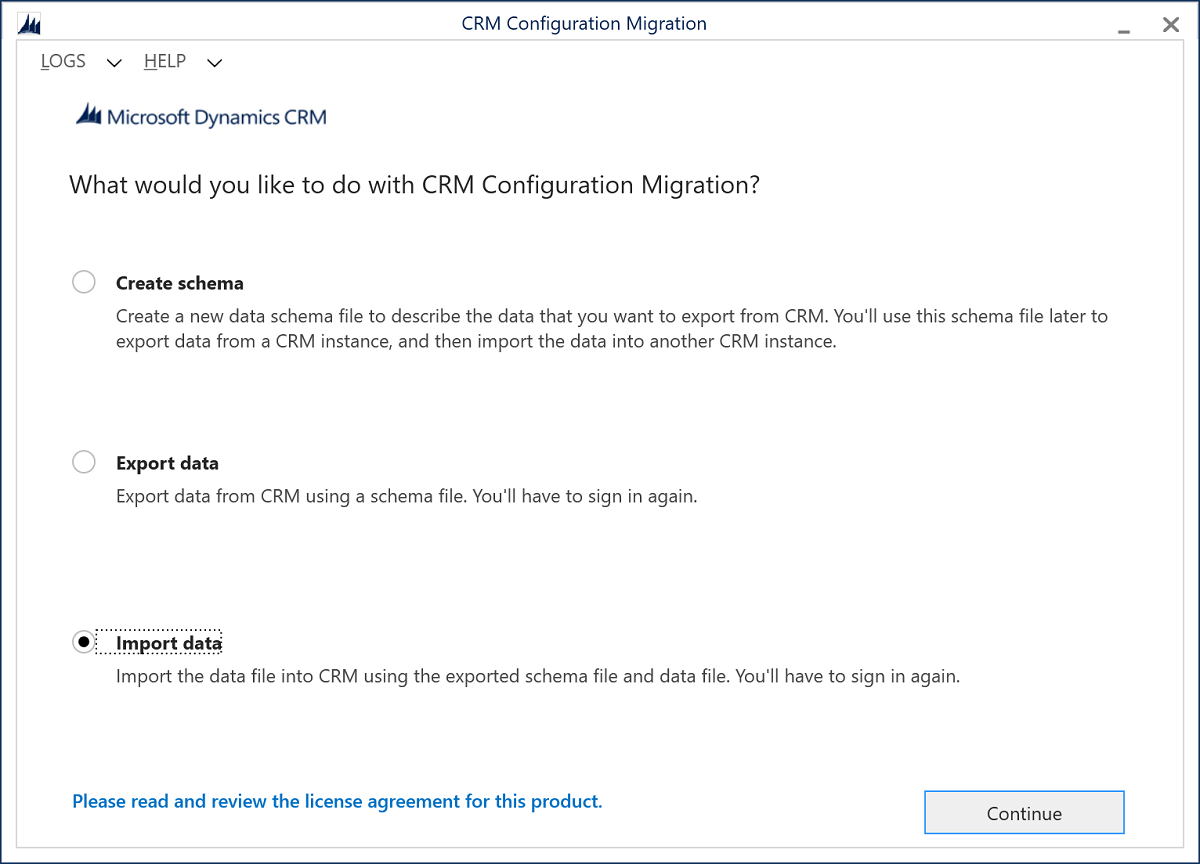 Configuration Migration Tool options screen.
