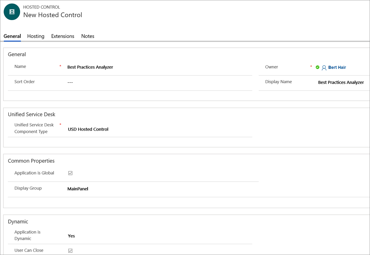 Create Best Practices Analyzer hosted control - General tab.