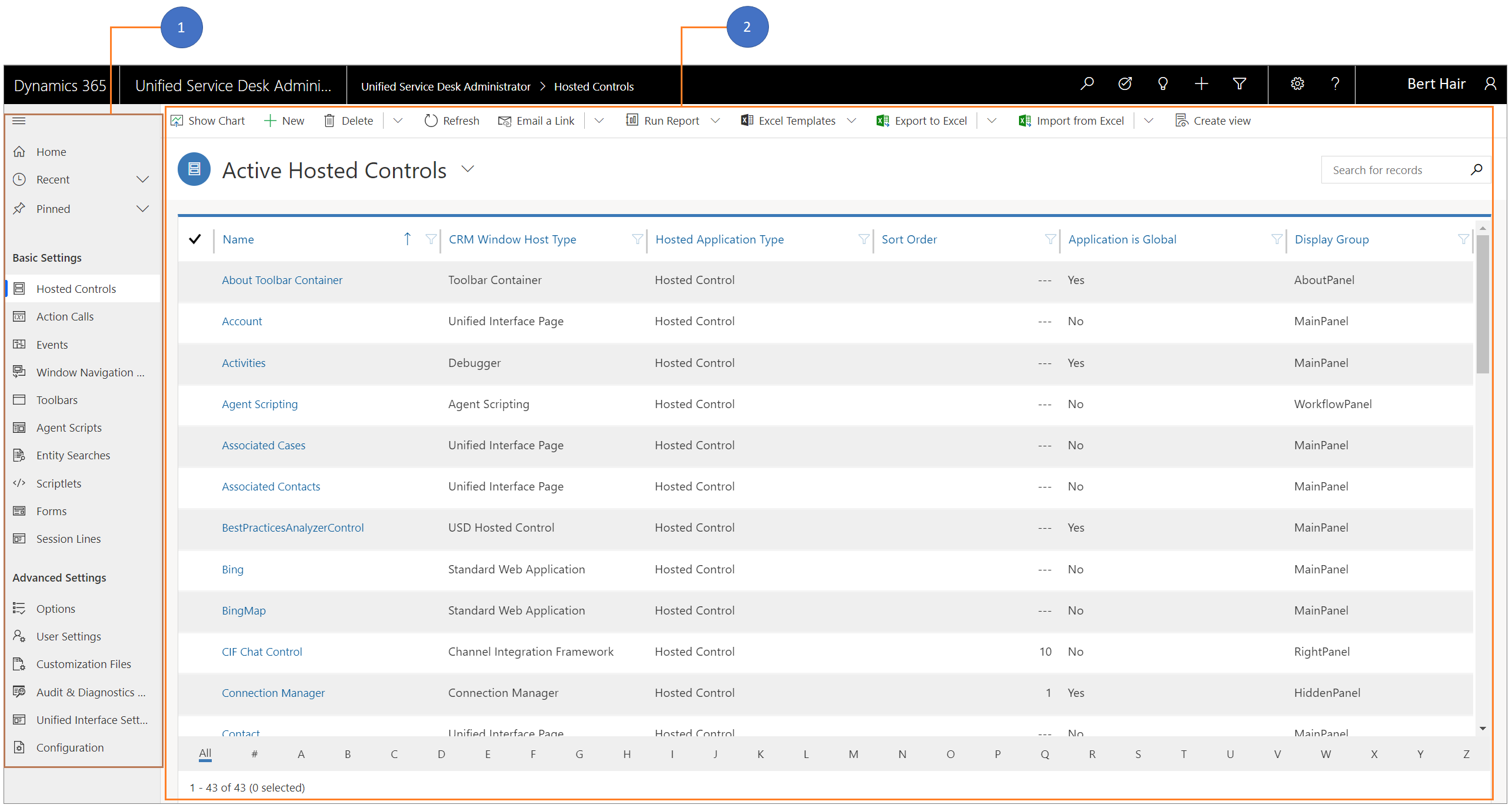 Unified Service Desk Administrator app Layout.