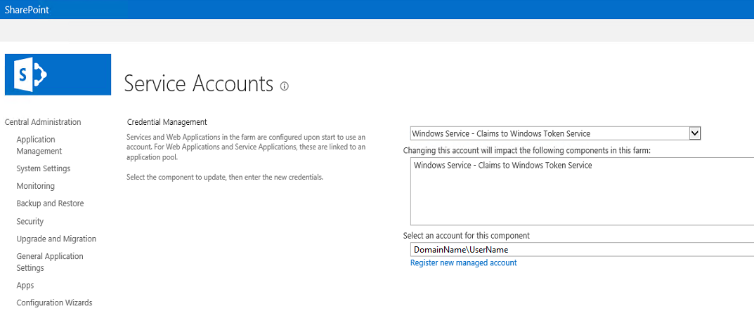 Service Accounts page in SharePoint
