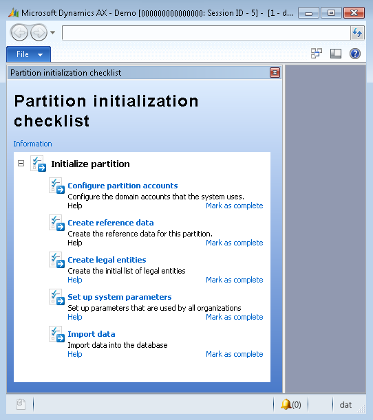 The Partition initialization checklist.