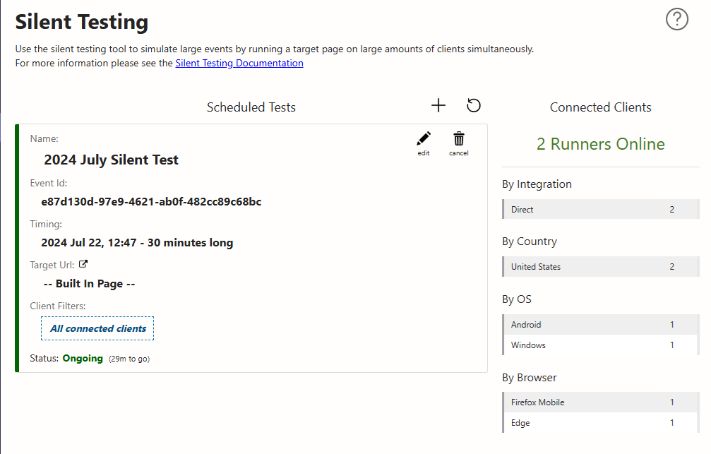 Screenshot of silent testing page with one online runner and a test labeled Silent Test 1 with 1 assigned client/runner.