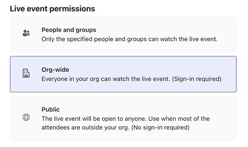 Image of Teams live event permissions options.