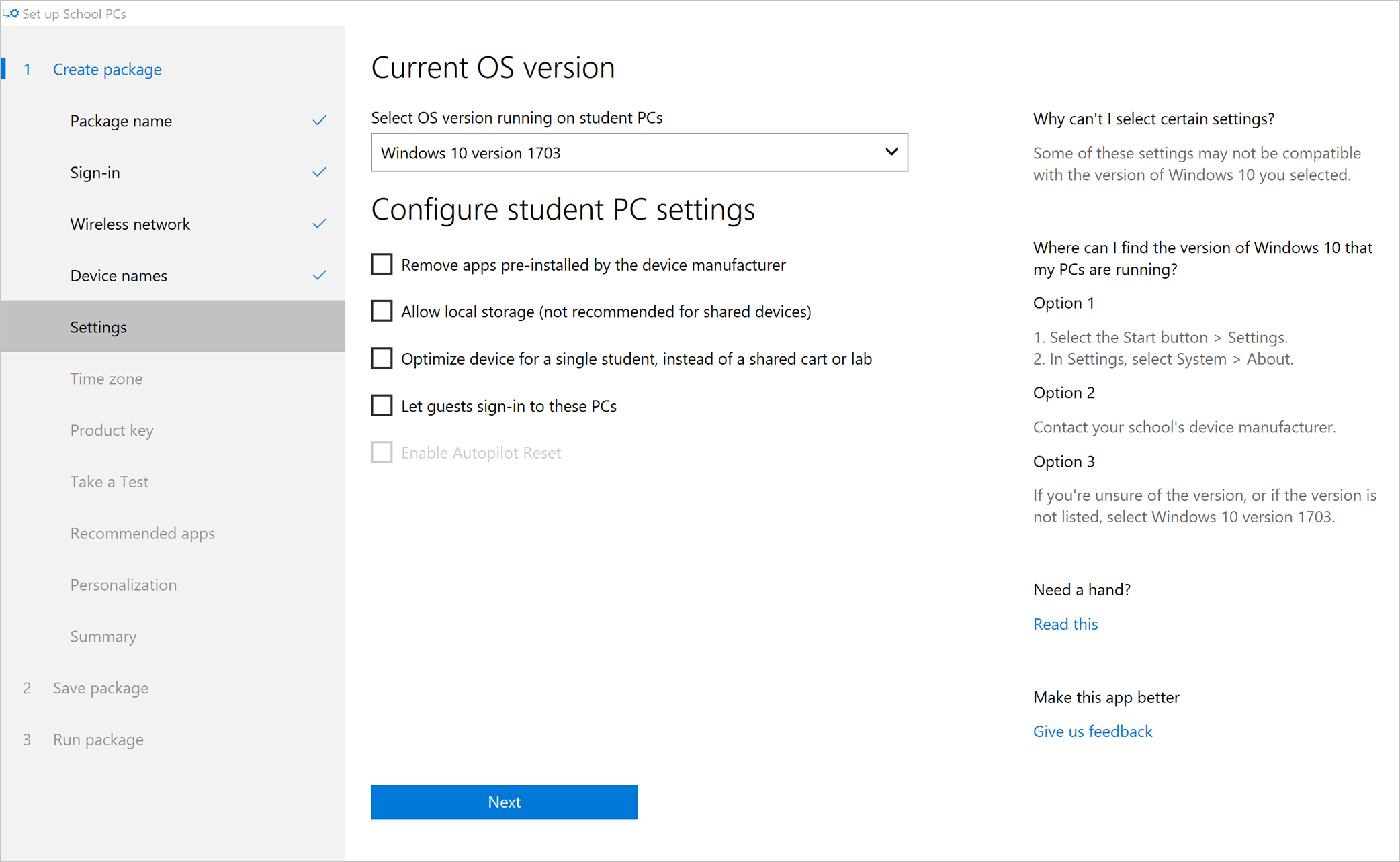 Example screenshot of the Current OS version page, with Windows 10 version 1803 selected. 4 available settings and 1 unavailable setting are shown, and none are selected.