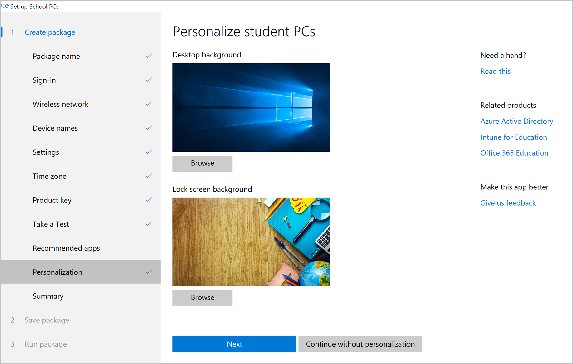 Example image of the Set up School PCs app, Personalization screen, showing the default desktop and lock screen background photos, a Browse button under each photo, a blue Next button, and a Continue without personalization button.
