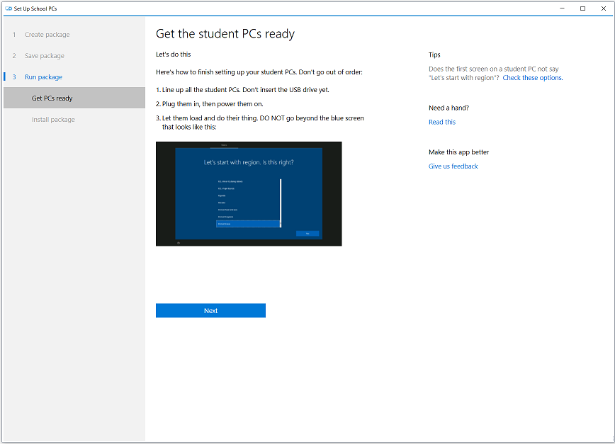 Your provisioning package is ready! screen with 3 steps to get student devices ready for setup. Save button is active.