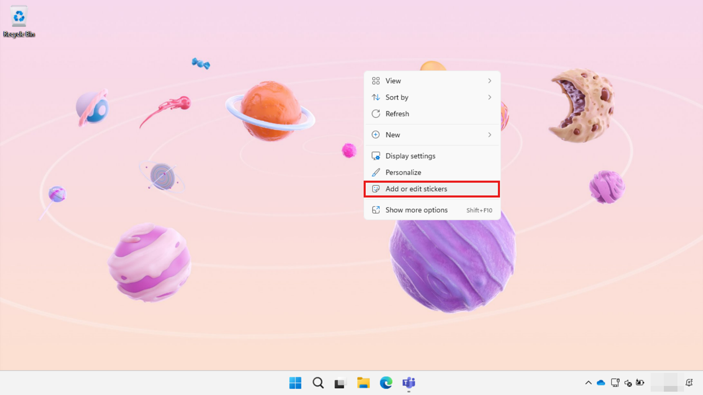 Windows 11 SE desktop contextual menu to open the sticker editor