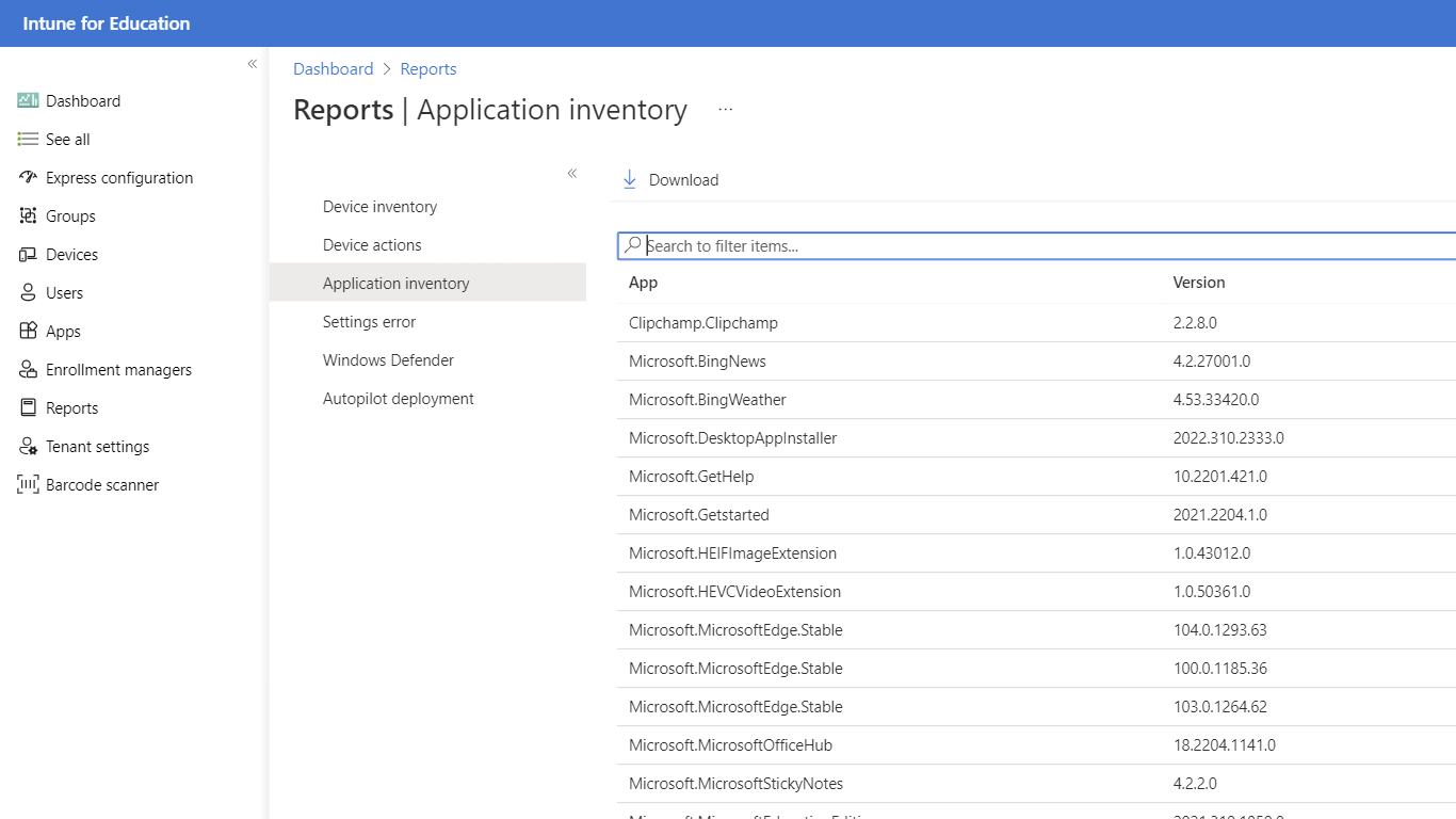 Reporting options available in Intune for Education when selecting the reports blade