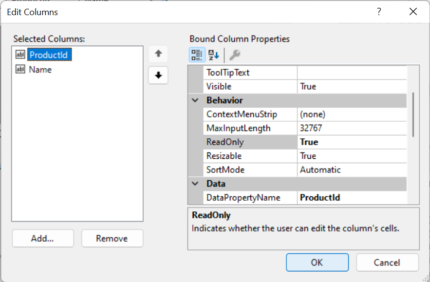 Make ProductId column read-only and remove CategoryId and Category columns