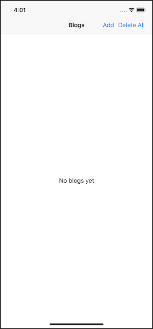 Screenshot of app with all blogs deleted