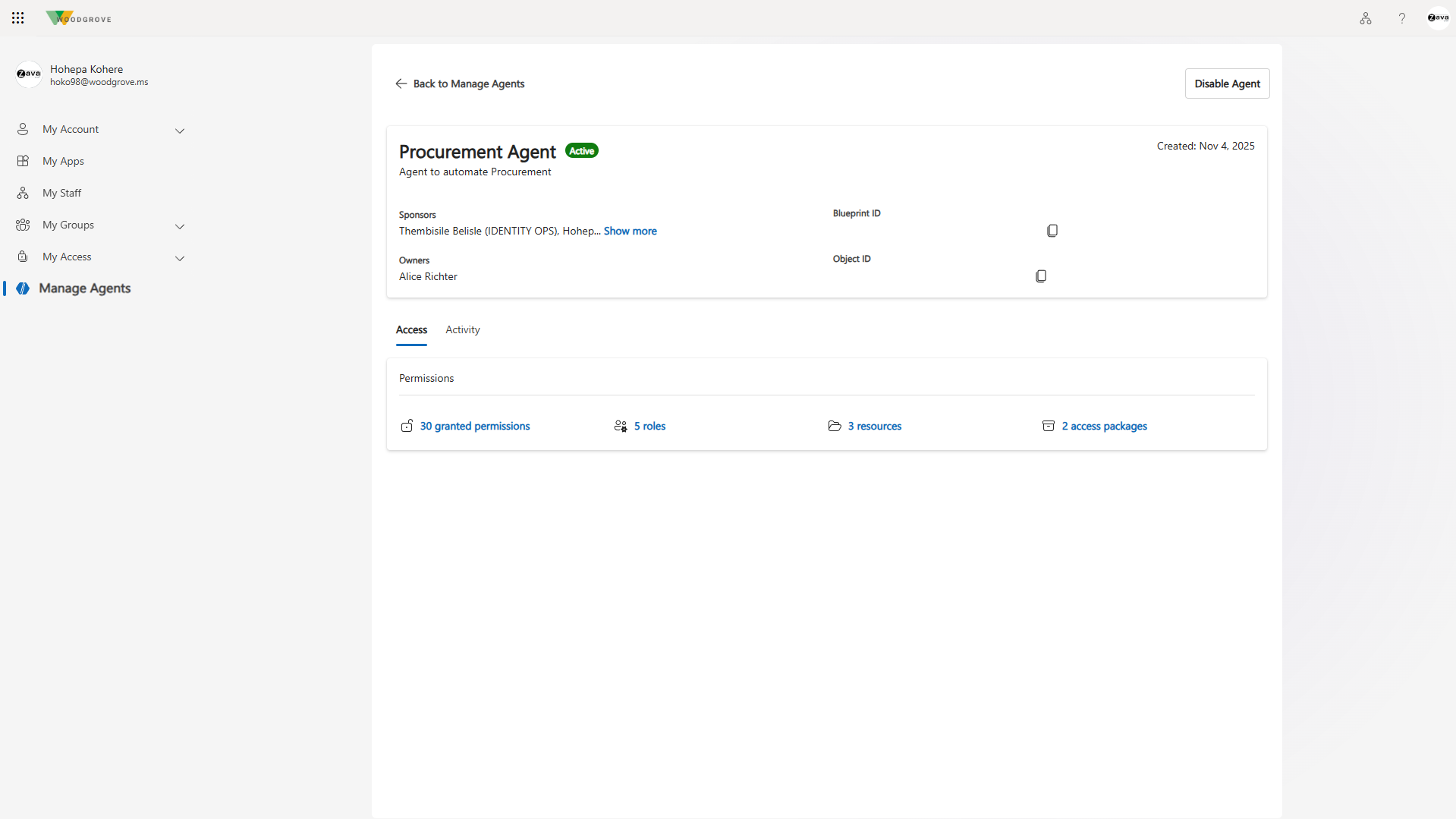 Screenshot of the manage agent view.