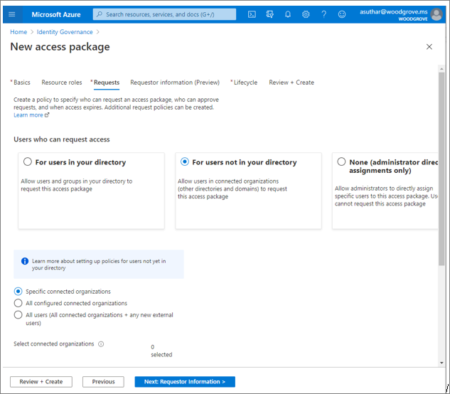 Screenshot of settings and options under Identity Governance, New access package.