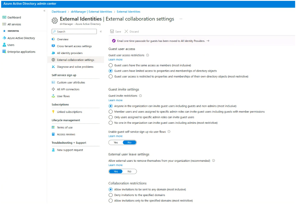 Screenshot of options and entries under External Identities, External collaboration settings.