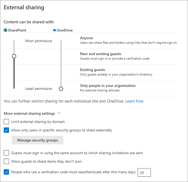 Screenshot of external sharing settings for SharePoint and OneDrive.