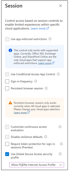 Screenshot of Conditional Access, New Conditional Access policy to allow blocked Internet Access Policy, Session.