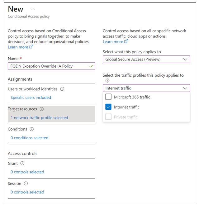 Screenshot of Conditional Access, New Conditional Access policy to allow blocked Internet Access Policy, Target resources.