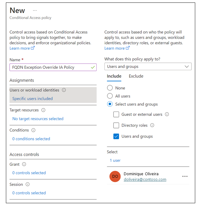 Screenshot of Conditional Access, New Conditional Access policy to allow blocked Internet Access Policy.