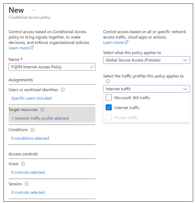 Screenshot of Conditional Access, New Conditional Access policy to block FQDN Internet Access Policy, Target resources.