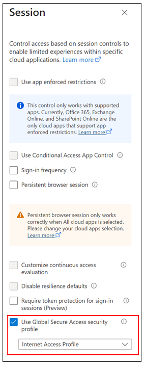 Screenshot of Conditional Access, New Conditional Access policy for Internet Access Policy, Session.