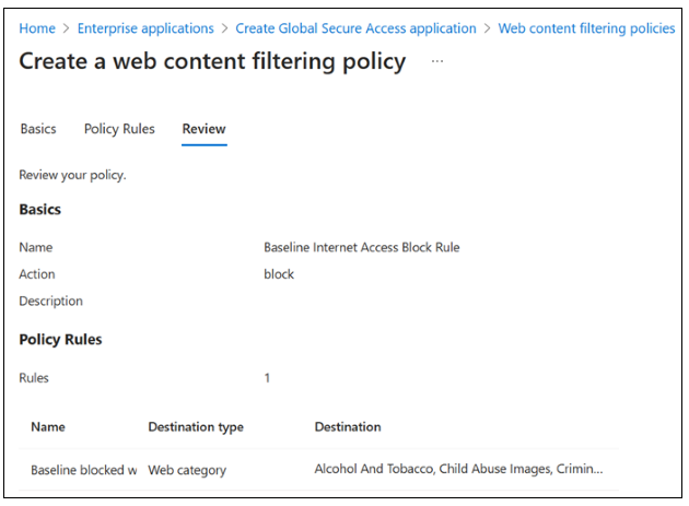 Screenshot of Global Secure Access, Security profiles, Review tab for baseline policy.