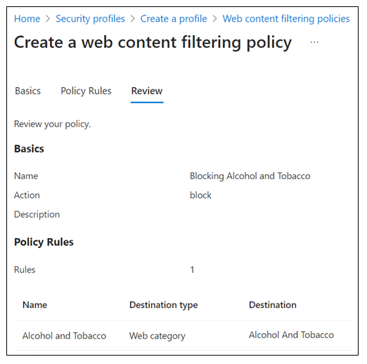 Screenshot of Global Secure Access, Security profiles, Create a profile, Web content filtering policies, Review for category policy.
