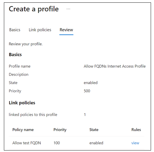 Screenshot of Global Secure Access, Security profiles, Review for allow blocked policy.