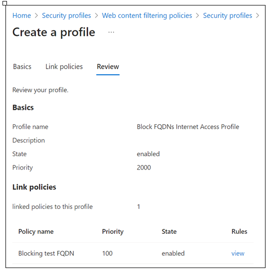 Screenshot of Global Secure Access, Security profiles, Review for block FQDN policy.