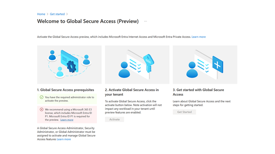 Diagram that shows initial activation page for Microsoft Security Service Edge Solution.