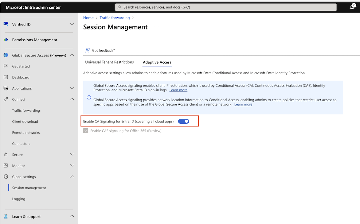 Diagram that shows how to enable Conditional Access policies for Microsoft's Security Service Edge Solution.