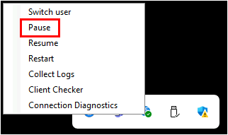 Screenshot of the Global Secure Access Client options menu showing the Pause option highlighted.