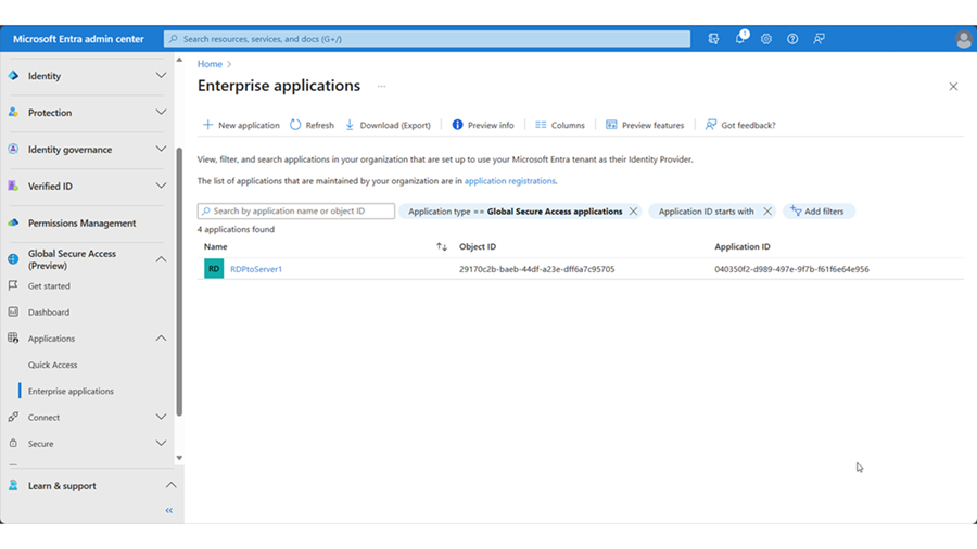 Screenshot of Global Secure Access, Applications, Enterprise applications, All applications window.
