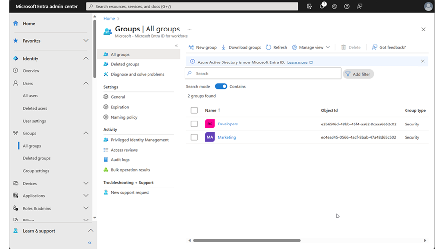 Screenshot of Identity, Groups, All groups window.