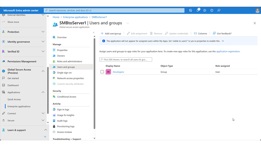Screenshot of Global Secure Access, Applications, Enterprise applications, Manage, Users and groups window for SMB app.