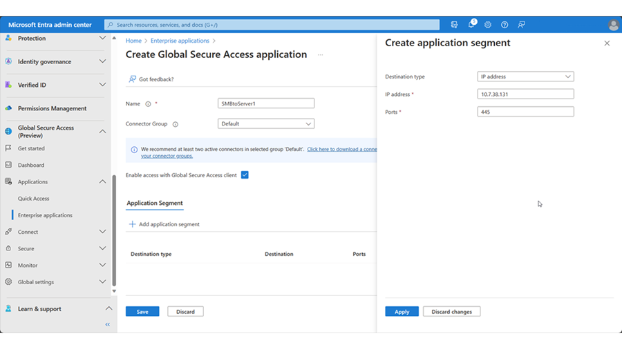Screenshot of Create Global Secure Access Application, Create SMB application segment window.