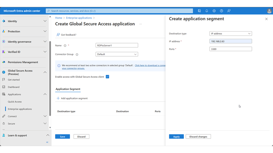 Screenshot of Create Global Secure Access Application, Create application segment window.
